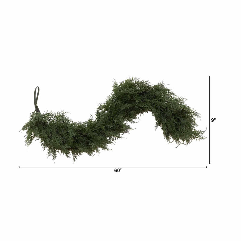 60-inch artificial cedar garland (5 ft) Christmas holiday swag with hanging loop, realistic pine greenery, 9-inch depth