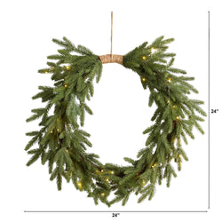 24-inch artificial pine wreath with warm white LED lights and jute hanger, realistic evergreen Christmas door decor for indoor or outdoor use