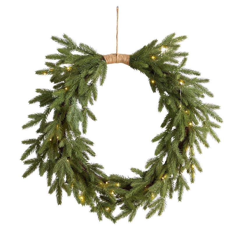 Rustic LED-lit evergreen Christmas wreath with pine branches and twine hanger for front door holiday decor