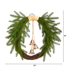 24-inch Christmas wreath with lush pine greenery, rustic grapevine base and three hanging gold bells, farmhouse holiday door decoration