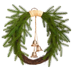 Christmas wreath with lush evergreen pine branches, natural twig grapevine base and three hanging gold bells — rustic holiday door decoration for seasonal home decor