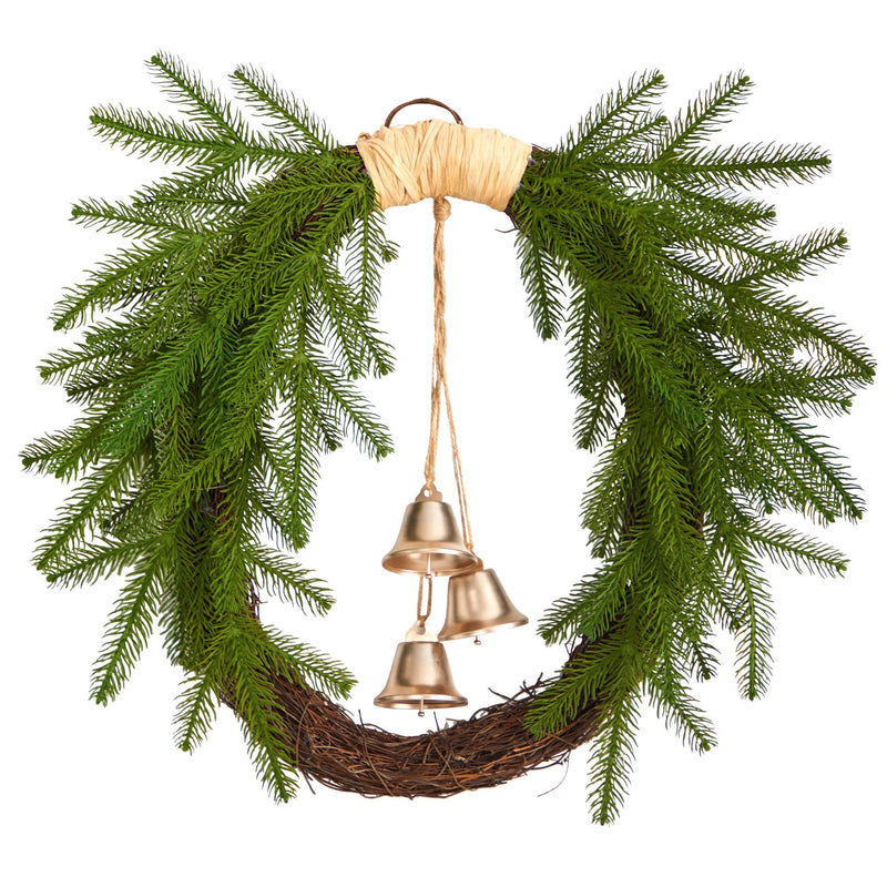 Christmas wreath with lush evergreen pine branches, natural twig grapevine base and three hanging gold bells — rustic holiday door decoration for seasonal home decor