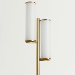 Modern brass floor lamp with dual cylindrical frosted glass shades, gold finish vertical standing lamp for living room lighting