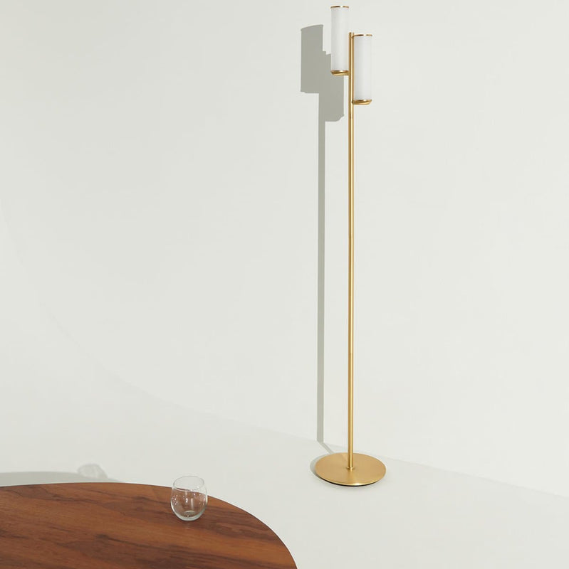 Minimalist interior featuring a modern brass floor lamp casting a long shadow on a white wall, with a wooden coffee table and glass tumbler, contemporary home decor