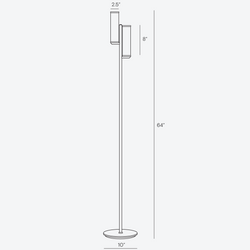 Technical drawing of a modern dual-head adjustable floor lamp with dimensions: 64" overall height, 10" round base, 8" head length and 2.5" head width — ideal for product pages and lighting spec sheets.