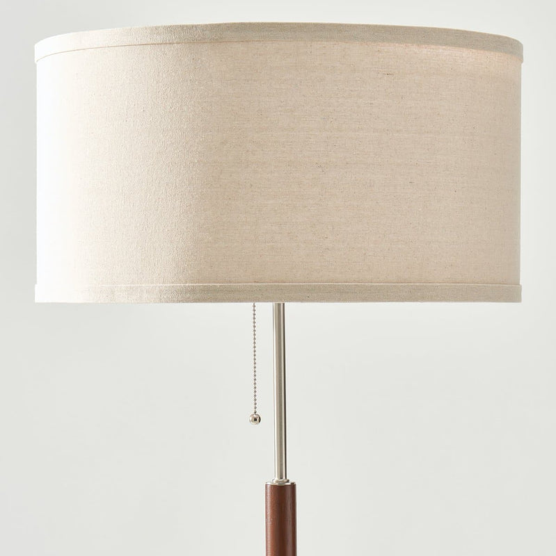 Beige drum shade floor lamp with metal stem, wooden base and pull-chain, modern living room lighting