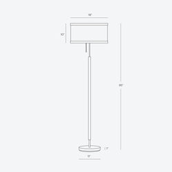 Modern minimalist floor lamp dimensions diagram — 65" overall height, 19" drum shade (10" high), 11" round base (1" thick) with pull-chain switch