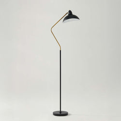 Modern black and brass floor lamp with adjustable curved arm and dome shade, minimalist mid-century reading lamp for living room or bedroom