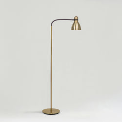 Minimalist brass floor lamp with slim stem, arched arm, adjustable gold metal shade and round base