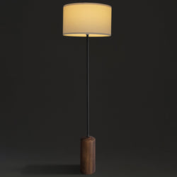 Modern floor lamp with cylindrical wooden base, slim black metal pole and warm cream drum shade, minimalist living room lighting