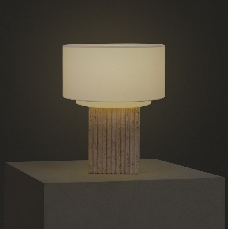 Modern ribbed stone-base table lamp with white fabric drum shade, warm ambient bedside lighting for minimalist home decor