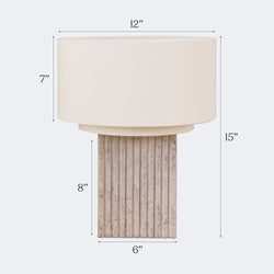 Modern fluted stone table lamp with cream drum shade, 15-inch height, 12-inch shade diameter, 8-inch ribbed base and 6-inch base width — neutral bedside or living room accent