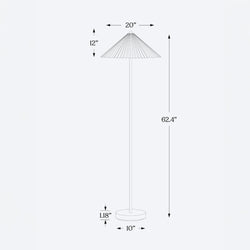 Modern floor lamp with pleated umbrella-style shade, slim pole and round base, 62.4" overall height, 20" shade diameter, 12" shade depth, 10" base diameter and 1.18" base thickness