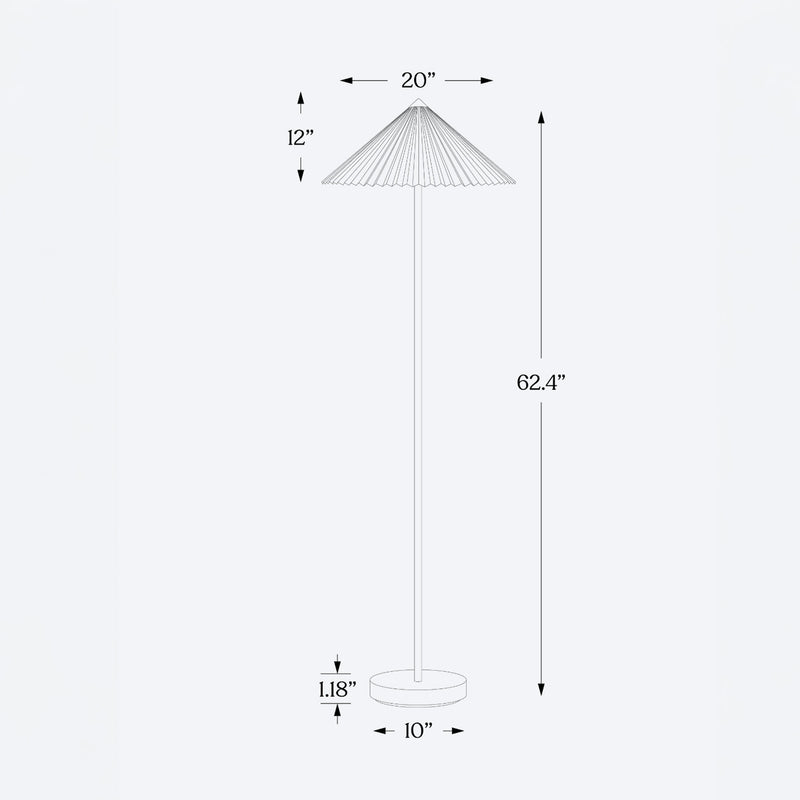 Modern floor lamp with pleated umbrella-style shade, slim pole and round base, 62.4" overall height, 20" shade diameter, 12" shade depth, 10" base diameter and 1.18" base thickness