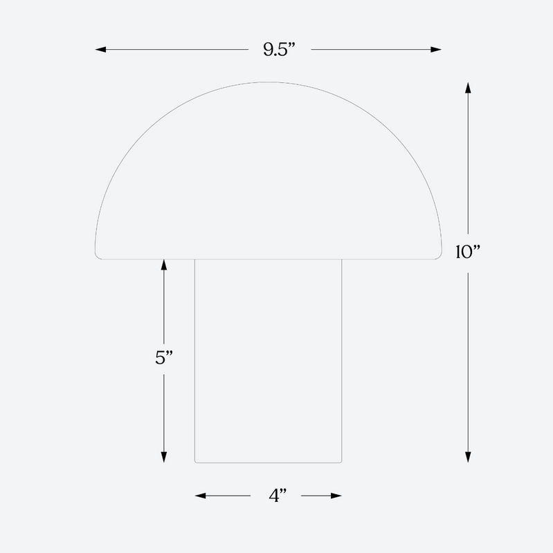 Mushroom-shaped pattern template with measurements: 9.5 in semicircular cap width, 10 in total height, 5 in stem height and 4 in stem width — printable craft/sewing diagram