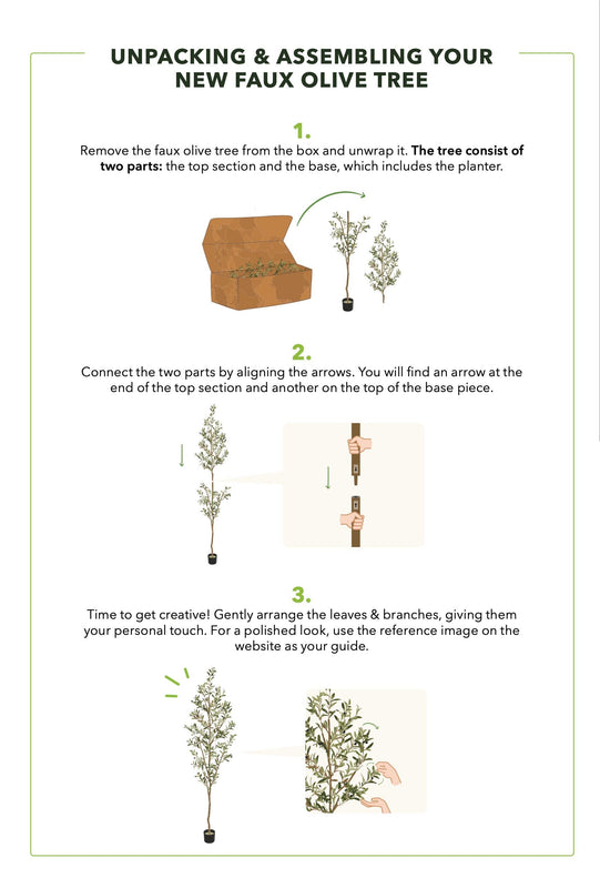 Faux olive tree assembly guide infographic: Step 1 unpack the faux olive tree from the box (top section and planter base), Step 2 align arrows and connect the two parts, Step 3 gently arrange leaves and branches for a polished look.