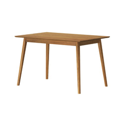 Mid-century modern wooden dining table with four legs.