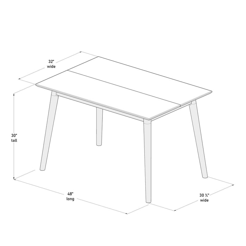 Dimensions diagram of a rectangular table with specifications: 48 inches long, 32 inches wide, 30 inches tall.