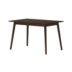 Modern dark wood dining table with sleek design and angled legs.