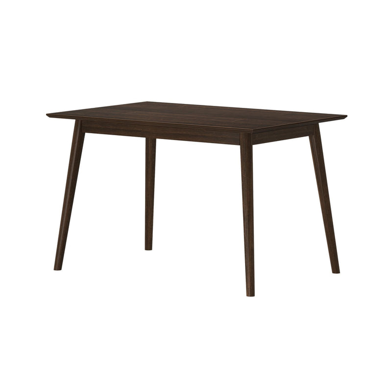 Modern dark wood dining table with sleek design and angled legs.