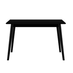 Modern black minimalist dining table with sleek design and four sturdy legs, perfect for contemporary home interiors.