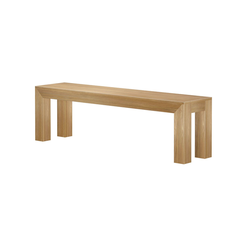 Modern wooden bench with clean lines and natural finish for indoor or outdoor use.