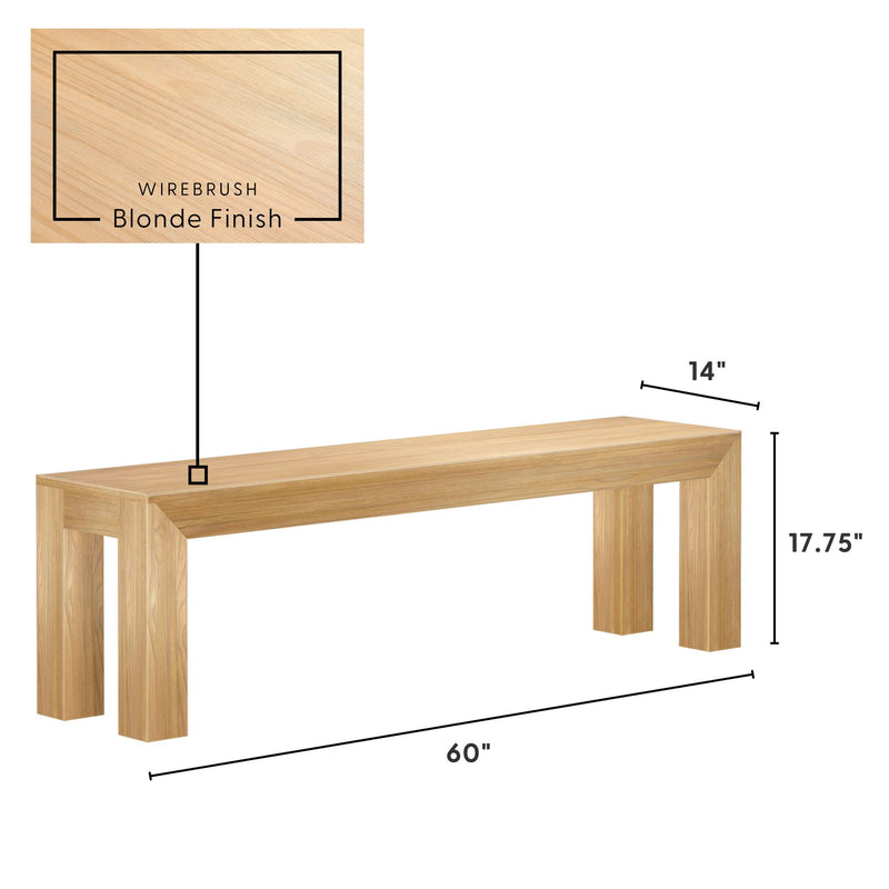 Modern wooden bench with wirebrush blonde finish, measuring 60 inches in length, 14 inches in width, and 17.75 inches in height.