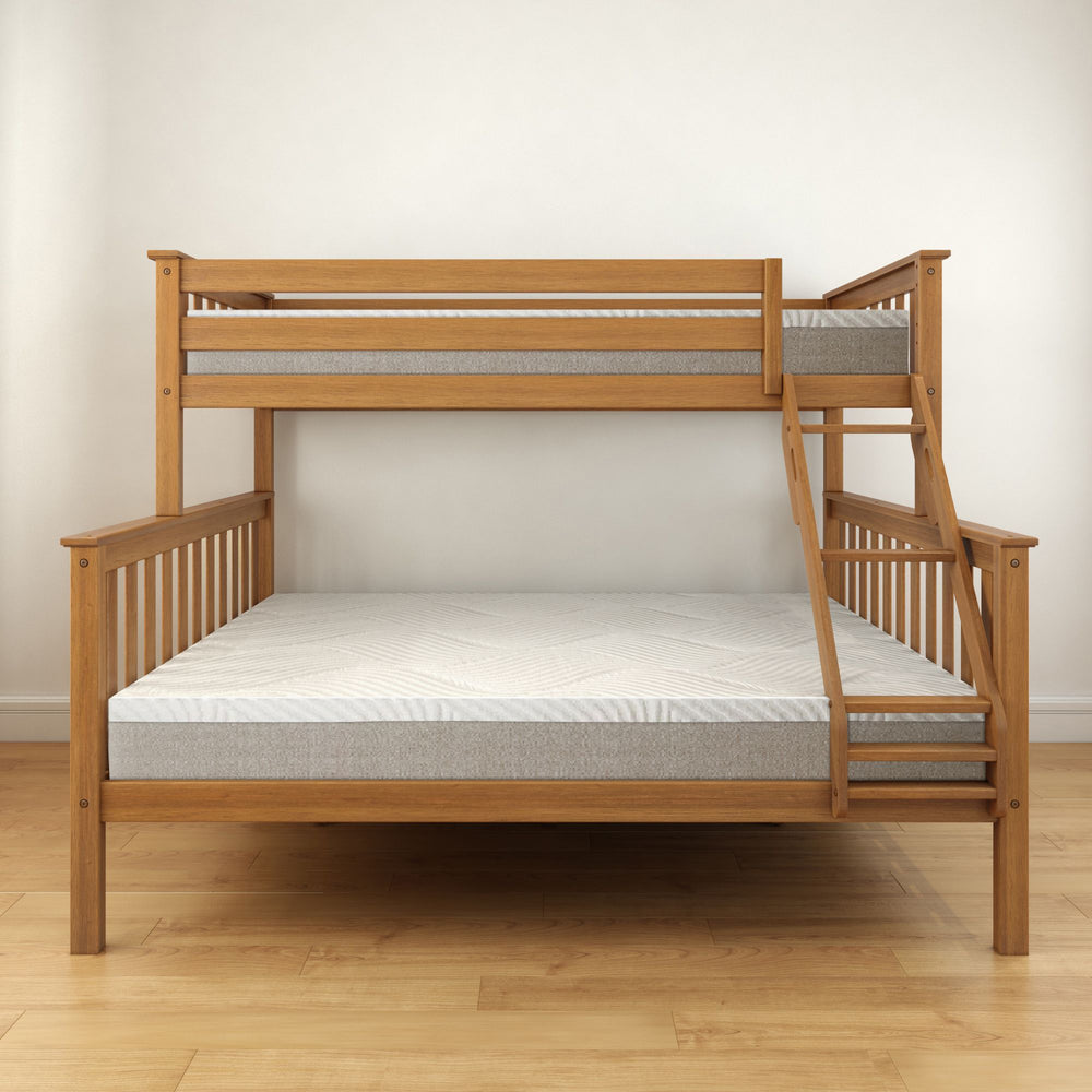 Wooden bunk bed with a ladder in a modern bedroom setting.