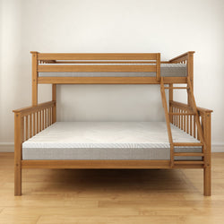 Wooden bunk bed with a ladder in a modern bedroom setting.