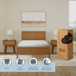 Twin XL Cooling Comfort Mattress Unboxing in Modern Bedroom with Wooden Furniture and Decor.