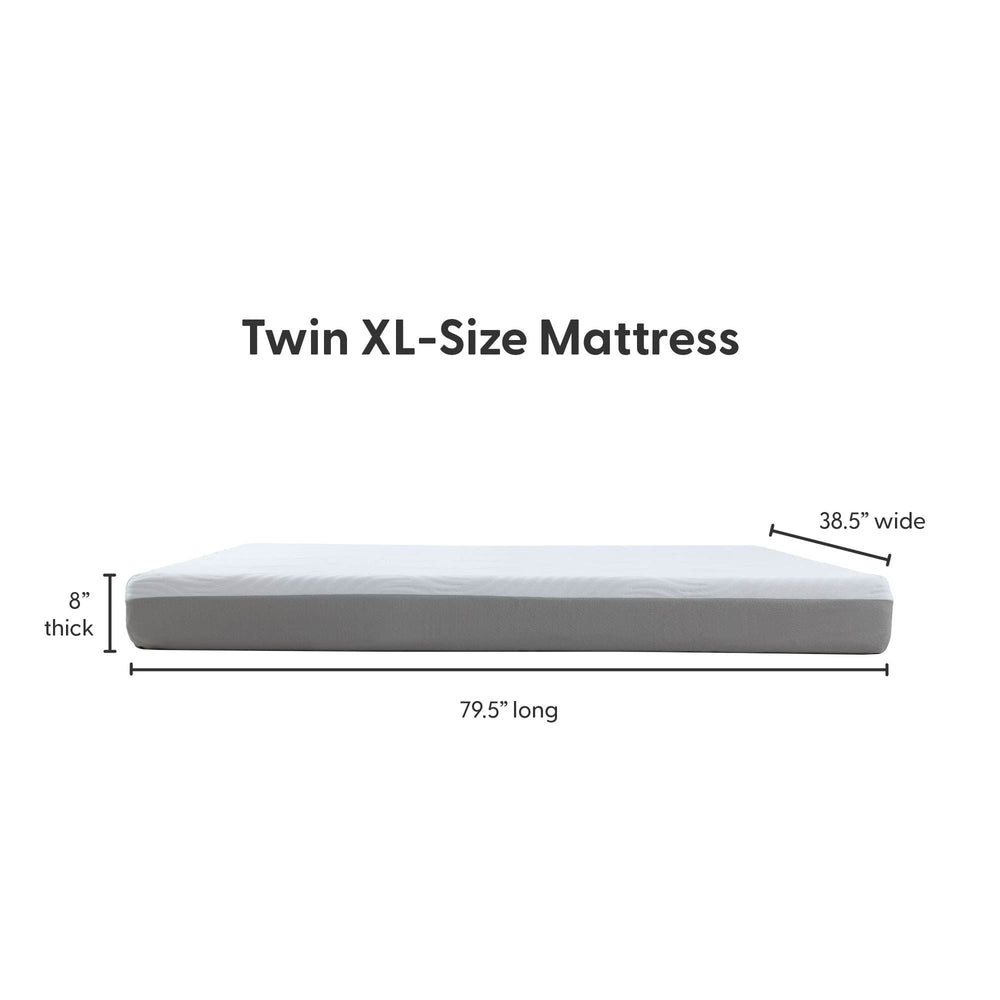 Twin XL-size mattress with dimensions: 79.5 inches long, 38.5 inches wide, and 8 inches thick.