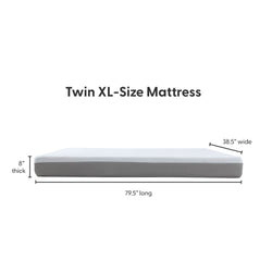 Twin XL-size mattress with dimensions: 79.5 inches long, 38.5 inches wide, and 8 inches thick.