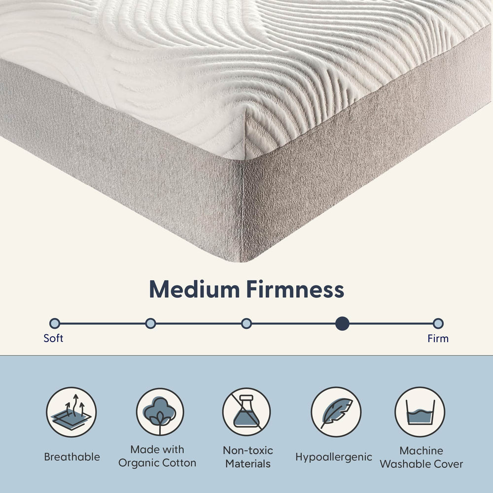 Medium firmness mattress made with organic cotton, featuring a breathable, hypoallergenic, and machine washable cover; crafted with non-toxic materials.