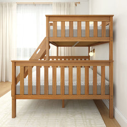 Wooden bunk bed with mattresses in a bright room with natural light and white curtains.