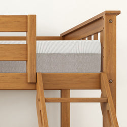 Wooden bunk bed frame with ladder, showcasing sturdy construction and modern design for space-saving bedroom solutions.