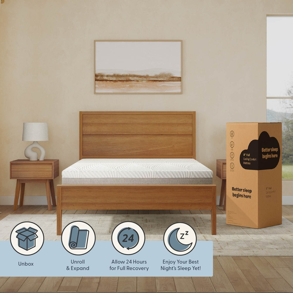Modern bedroom with wooden bed and boxed cooling comfort mattress.