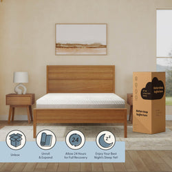Modern bedroom with wooden bed and boxed cooling comfort mattress.