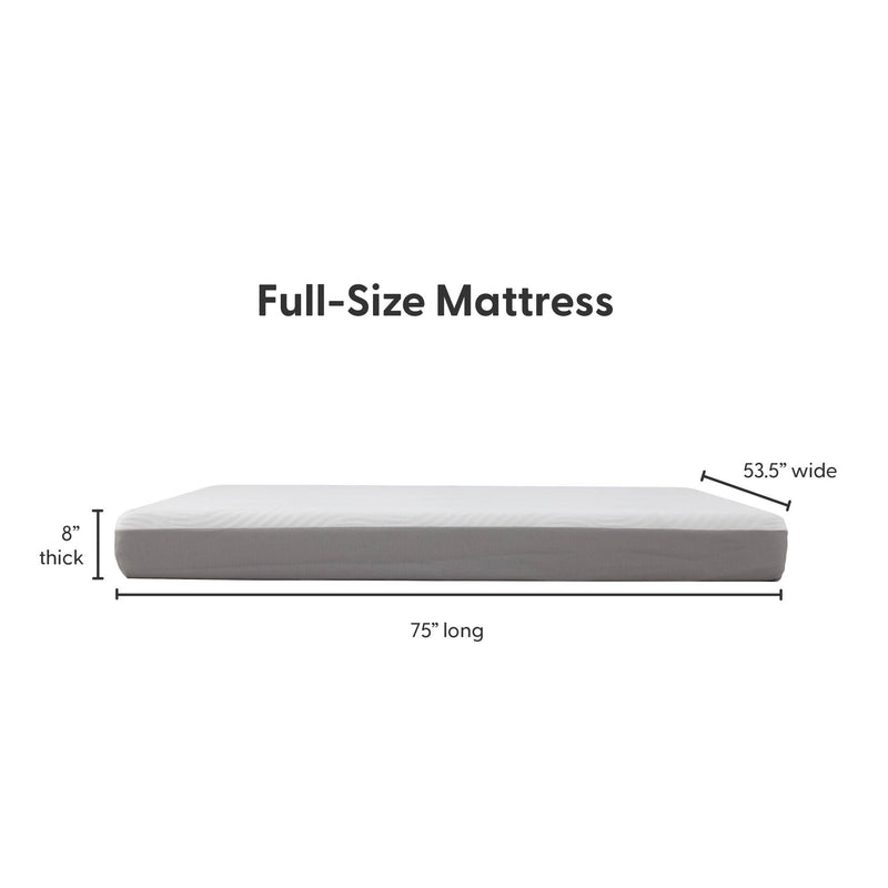 Full-size mattress dimensions: 75 inches long, 53.5 inches wide, and 8 inches thick.