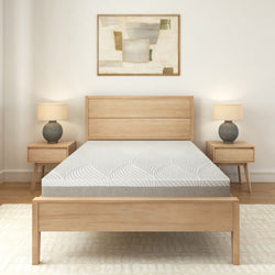 Modern minimalist bedroom with wooden bed frame, twin bedside tables and abstract artwork, featuring a comfortable mattress and neutral decor.