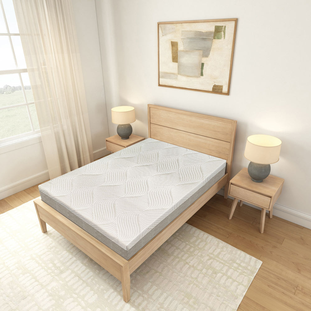 Modern minimalist bedroom with wooden bed frame and stylish artwork above, showcasing a comfortable mattress and elegant nightstands.