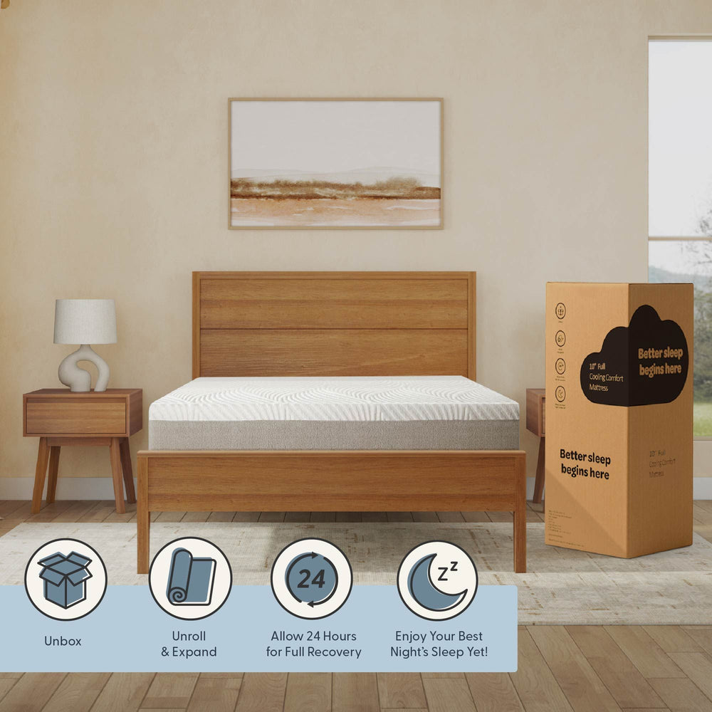 Modern bedroom with wooden bed frame, memory foam mattress, and packaged box for easy setup.