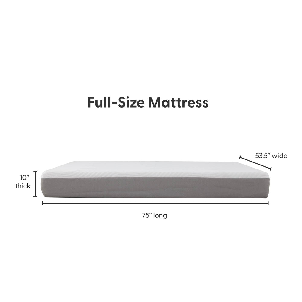 Full-size mattress dimensions: 75 inches long, 53.5 inches wide, 10 inches thick.