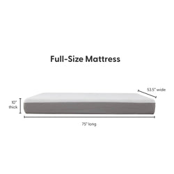 Full-size mattress dimensions: 75 inches long, 53.5 inches wide, 10 inches thick.