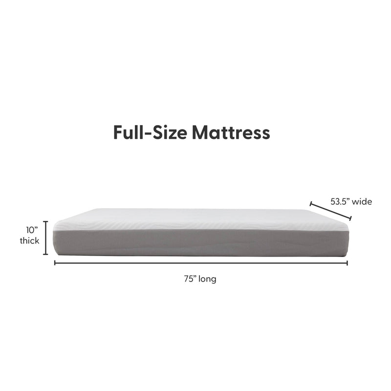 Full-size mattress dimensions: 75 inches long, 53.5 inches wide, 10 inches thick.