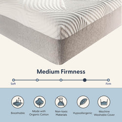 Medium firmness mattress with breathable, hypoallergenic materials, organic cotton, non-toxic, and a machine washable cover.