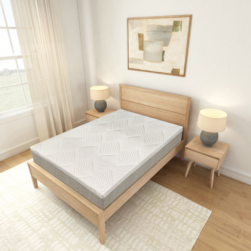 Modern minimalist bedroom with a wooden bed frame, comfortable mattress, and stylish decor.