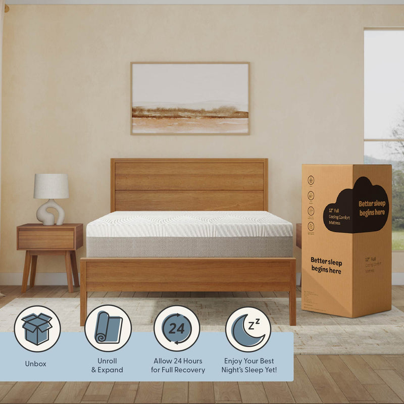 Bedroom scene featuring a 12-inch full cooling comfort mattress on a wooden bed frame, emphasizing better sleep.