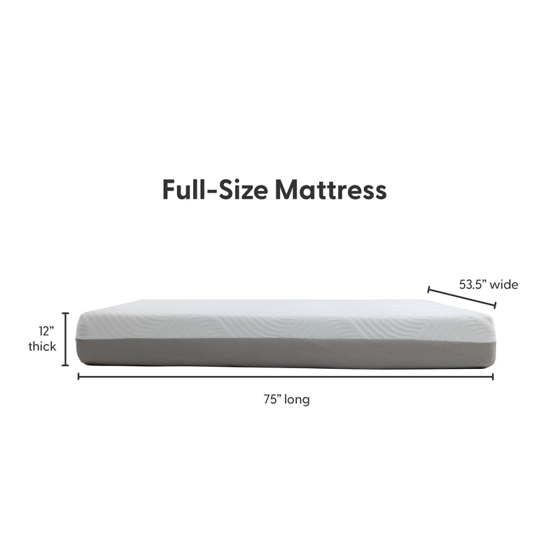 Full-size mattress dimensions: 75 inches long, 53.5 inches wide, 12 inches thick.