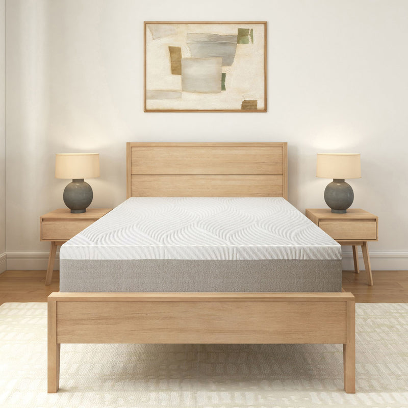 Modern minimalist bedroom with wooden furniture and a stylish abstract painting.