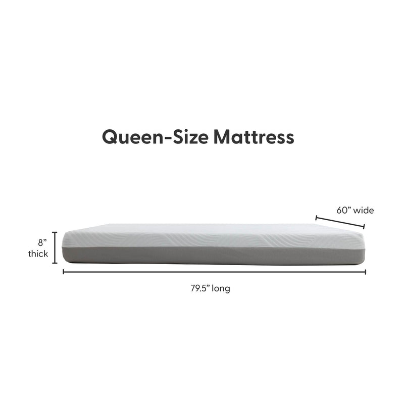 Queen-size mattress dimensions: 79.5 inches long, 60 inches wide, 8 inches thick.